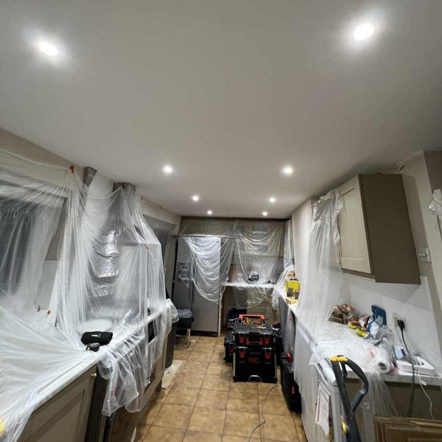 LED downlight installation in kitchen renovation in Coalville by Elecluxe Ltd
